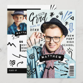 Trendig Doodle Sketch Magazine Cover Boy Grad Part Inbjudningar