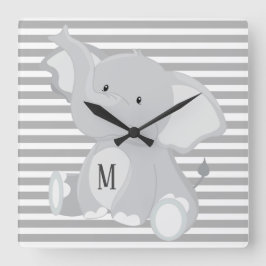Trendig Elefant Monogram grått och vitt rand Fyrkantig Klocka