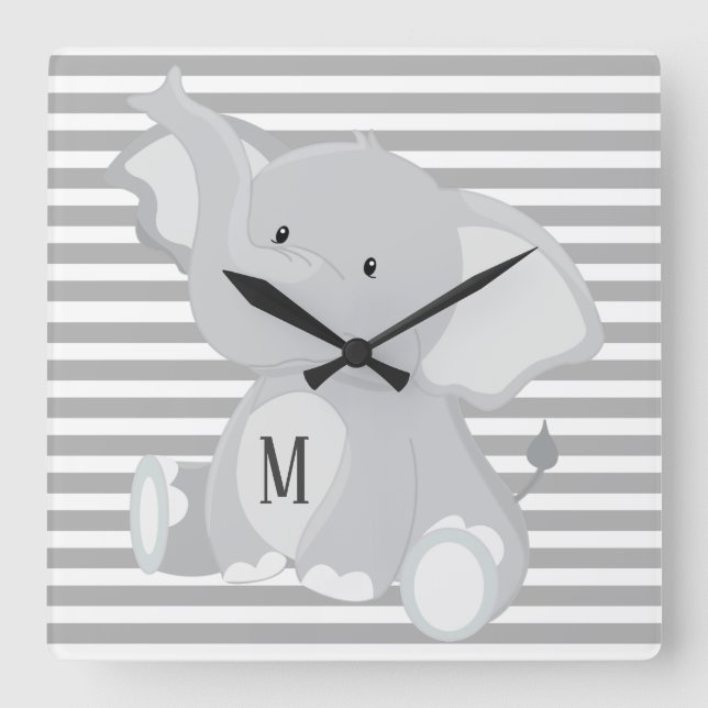 Trendig Elefant Monogram grått och vitt rand Fyrkantig Klocka (Framsida)