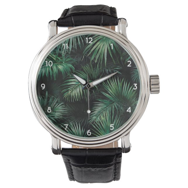 Trendig Elegant Black grönt Tropical Handflatan Lö Armbandsur (Framsida)