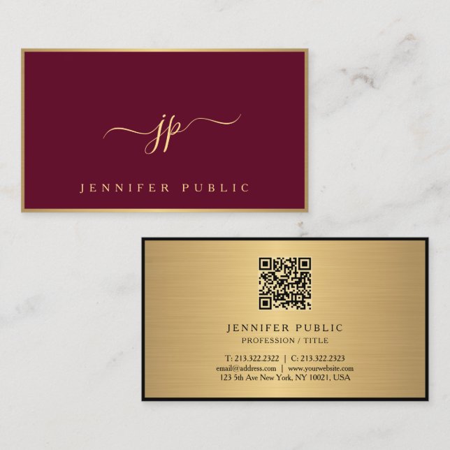 Trendig Elegant Calligraphy-skript Bordeaux & Guld Visitkort (Fram/baksida)