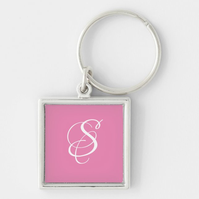 Trendig Elegant DIY-skript Monogram/Rosa Fyrkantig Silverfärgad Nyckelring (Framsidan)