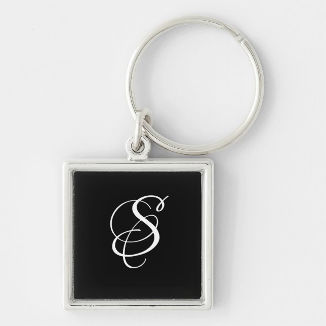 Trendig Elegant DIY-skript Monogram/svart Fyrkantig Silverfärgad Nyckelring (Framsidan)