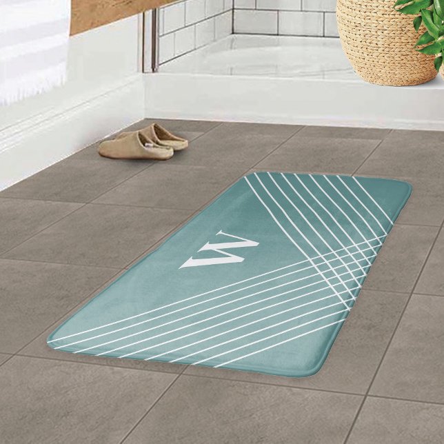 Trendig Elegant Geometrisk Monogram Ocean Blå Grön Badrumsmatta (Skapare uppladdad)