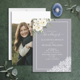 Trendig Elegant Grått Rustic Script Photo Bröllop Inbjudningar