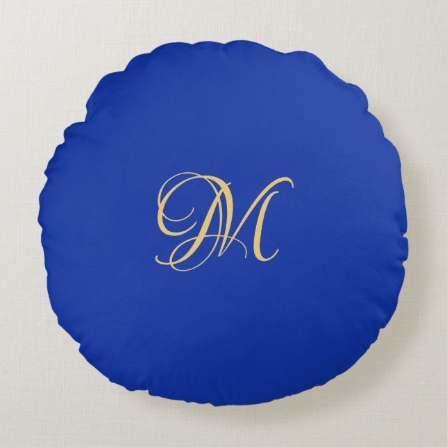 Trendig Elegant Solid Kunglig Blå Namnmonogram Rund Kudde (Framsidan)
