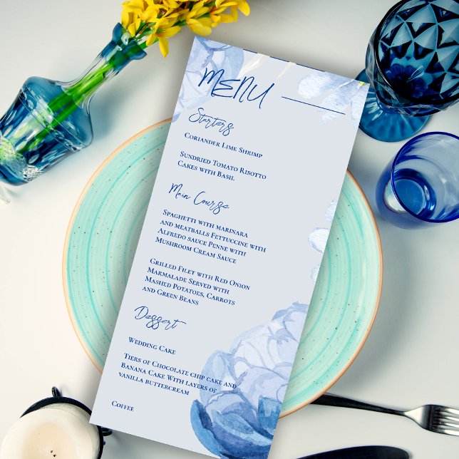 Trendig Elegant Söt Blue Blommigt Bröllopsfest Meny (Trendy Elegant Pretty Blue Floral Wedding Party Menu)