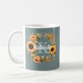 Trendig Elegant Vattenfärgsblommor Monogram Kaffemugg