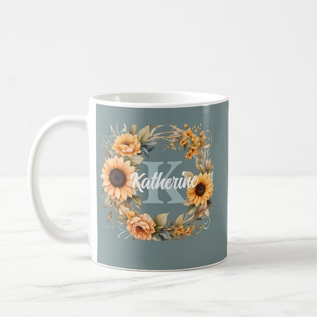 Trendig Elegant Vattenfärgsblommor Monogram Kaffemugg (Vänster)
