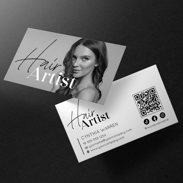 Trendig Elegant Vit Frisör Foto QR-kod Visitkort (Skapare uppladdad)