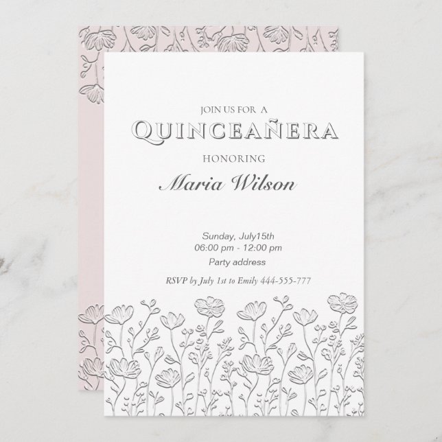 Trendig Embossed modern blommigt Quinceañera Inbjudningar (Fram/baksida)