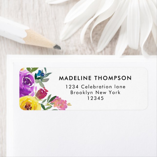 Trendig Enkel Lila Rosa Blommigt Vattenfärg   Returadress Etikett (Insitu)
