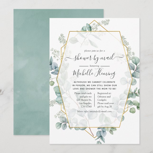 Trendig Eucalyptus Geometric Baby Shower by Mail Inbjudningar (Fram/baksida)