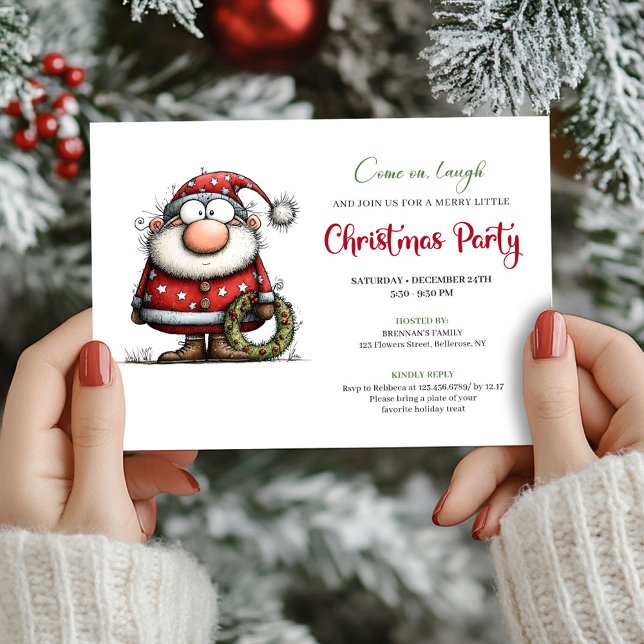 Trendig excentrisk julfarskort till festen inbjudningar (Chic Quirky Santa Claus Cartoon Party Invitation)