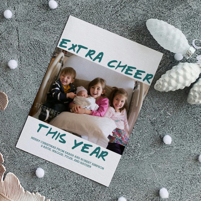 Trendig Extra Cheer i år för fotokort | Teal Julkort (Teal Trendy Extra Cheer This Year Holiday Photo Card)