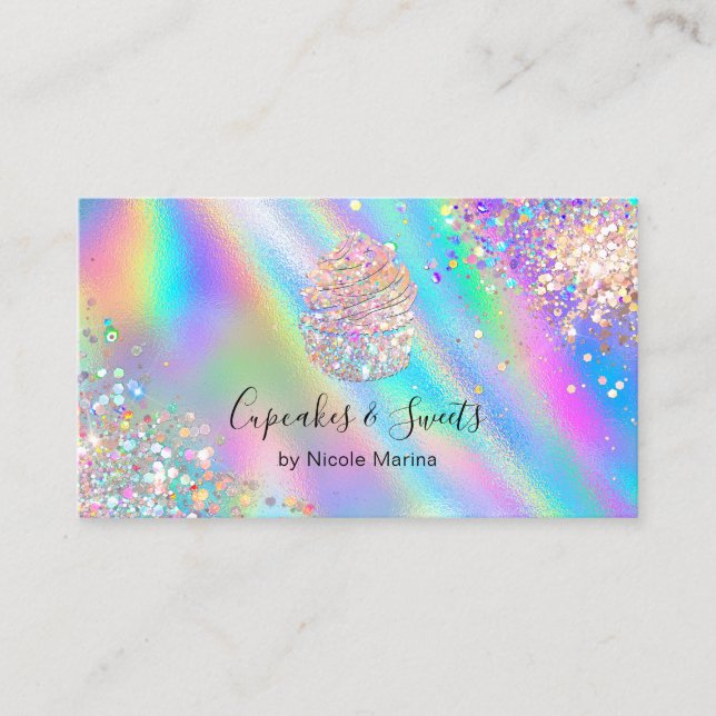 Trendig falsk holografisk regnbågsglitter Cupcake Visitkort (Framsida)