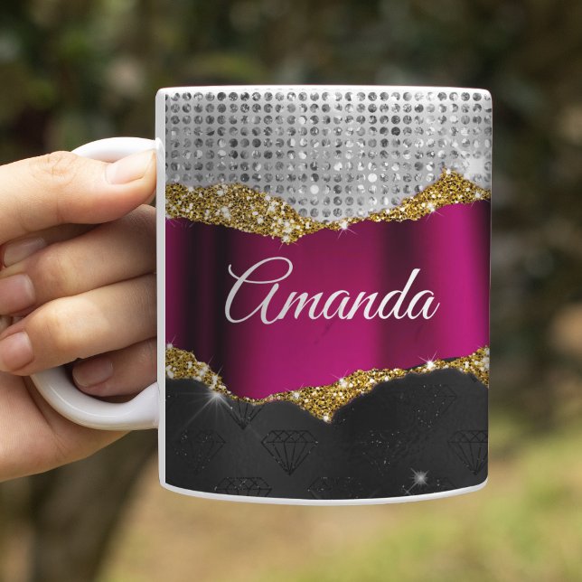 Trendig falsk silver glitter Fuchsia svart monogra Kaffemugg (Skapare uppladdad)