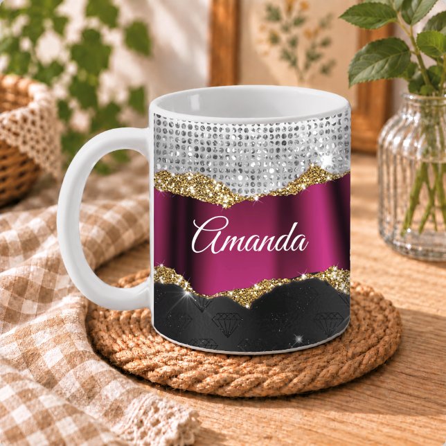 Trendig falsk silver glitter Fuchsia svart monogra Kaffemugg (Skapare uppladdad)