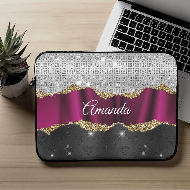 Trendig falsk silver glitter Fuchsia svart monogra Laptop Fodral (Skapare uppladdad)