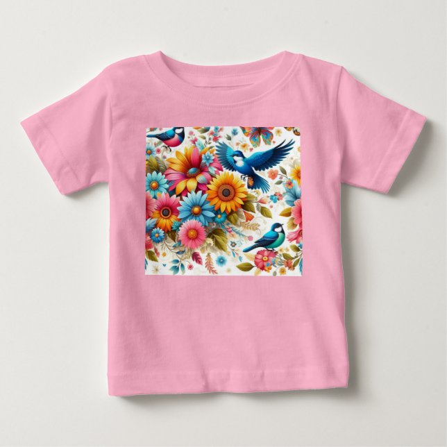 Trendig Färgämnen Fågelblommor Rosa T Shirt (Framsida)