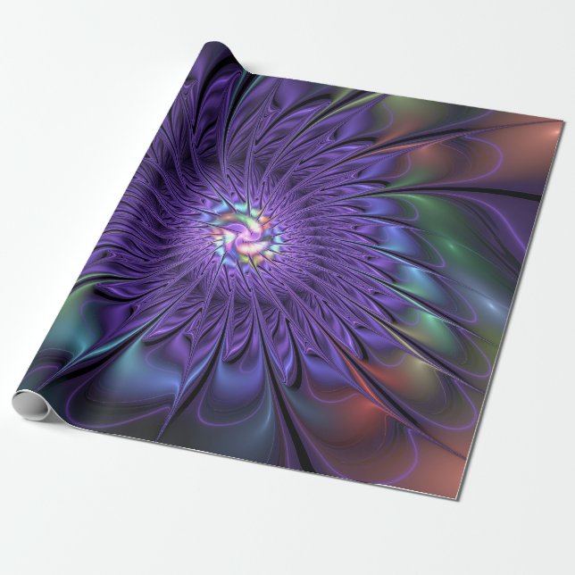 Trendig Färgfull modern Abstrakt Fractal Flower Presentpapper (Utrullad)