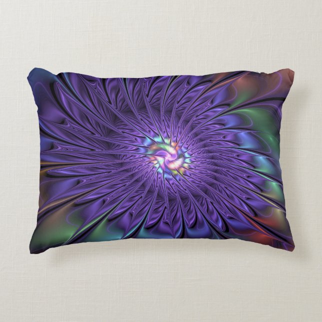 Trendig Färgfull modern Abstrakt Fractal Flower Prydnadskudde (Framsidan)