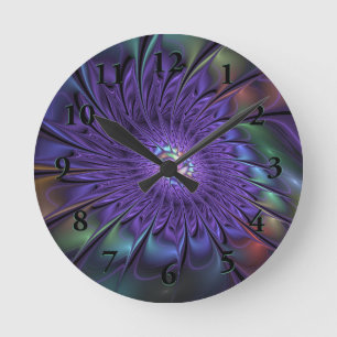 Trendig Färgfull modern Abstrakt Fractal Flower Rund Klocka