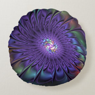 Trendig Färgfull modern Abstrakt Fractal Flower Rund Kudde