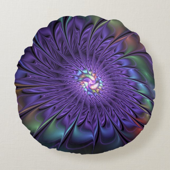 Trendig Färgfull modern Abstrakt Fractal Flower Rund Kudde (Framsidan)