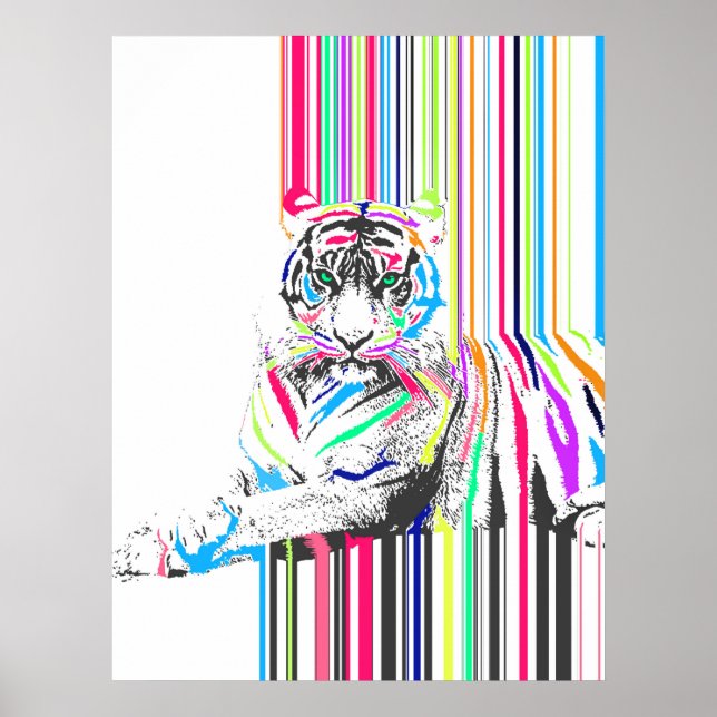 trendig färglöst vibrerande neon rand tiger smärta poster (Framsidan)