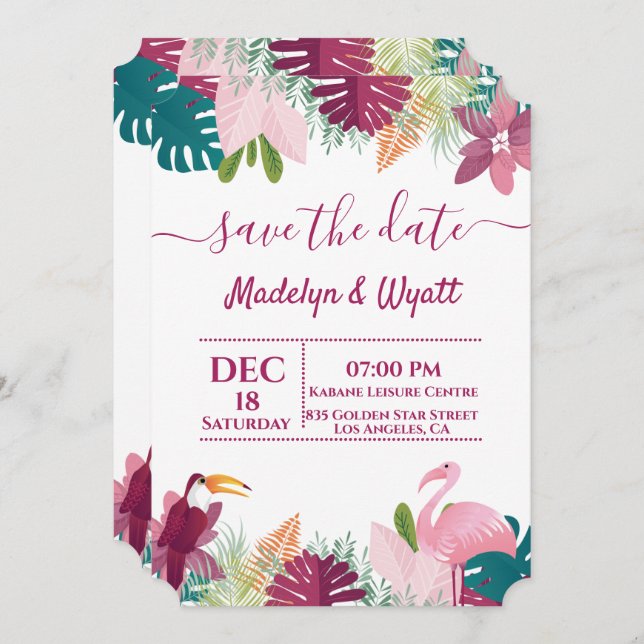 Trendig Färgrik Flamenco Djungel Inbjudningar (Fram/baksida)