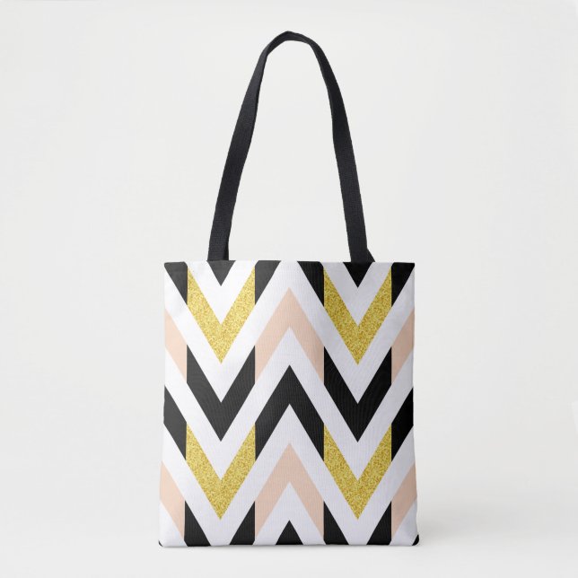Trendig Faux Glitter Guld, Black, White Chevron Tygkasse (Framsida)