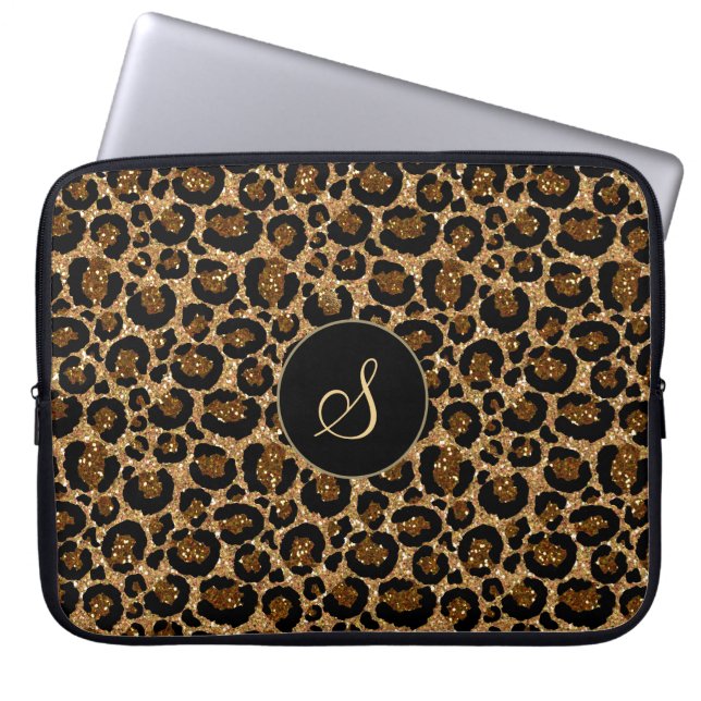 Trendig Faux Glitter Leopard med Monogram Laptop Fodral (Framsidan)