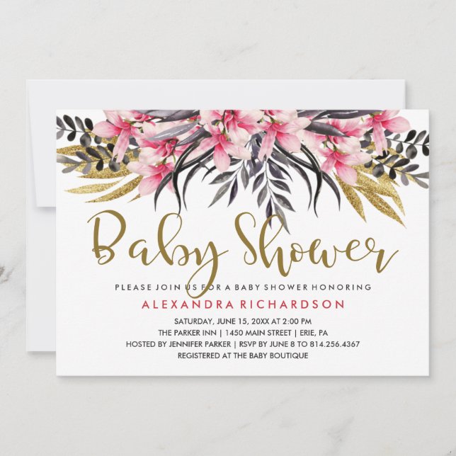 Trendig Faux Guld Glitter Blommigt Baby Shower Inbjudningar (Framsida)