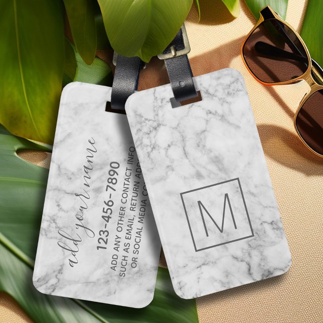 Trendig Faux Marble Mönster med Square Monogram Bagagebricka (Personalized luggage tag with marble pattern and monogram - add contact information on back)