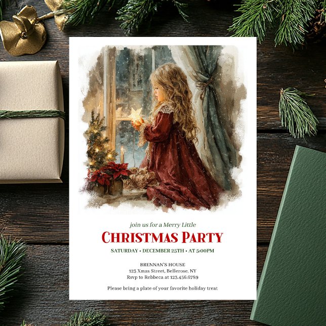 Trendig flicka väntar på tomte digital julinbjudan inbjudningar (Trendy girl awaits Santa digital Christmas invitation)