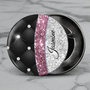 Trendig flickig falsk silver glitter svart rosa mo knapp