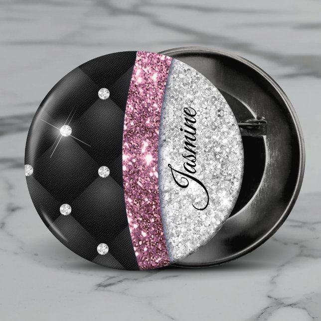 Trendig flickig falsk silver glitter svart rosa mo knapp (Skapare uppladdad)