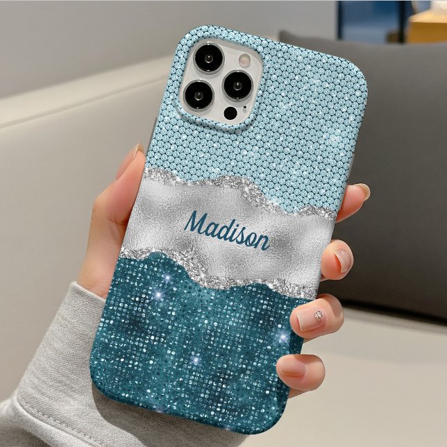 Trendig flickig teal mintgrön glitter silver monog (Skapare uppladdad)