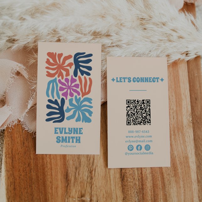 Trendig för färgad blå Rosa QR-kod Groovy-Blommigt Visitkort (Skapare uppladdad)