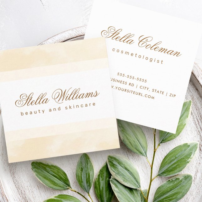 Trendig för gräddfärgsfärgning, spa boutique calli fyrkantigt visitkort (Cream watercolor trendy spa boutique calligraphy square business card)