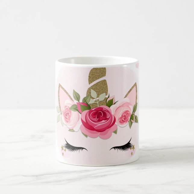 Trendig för guld och Rosa Unicorn Flower Blooms Cu Kaffemugg (Center)