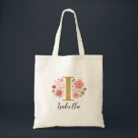 Trendig förgylld monogram initial bokstav namn tygkasse<br><div class="desc">En vacker,  feminin monogrammärkt rosa blomsterhandväska med rosa blommor och en falsk förgylld monogrambokstav "I". Personalisera handväskan genom att lägga till ditt namn under monogrammet. Gör en rolig present till en vän eller till en brudtärna. Designad för dig av Blackberry Boulevard.</div>