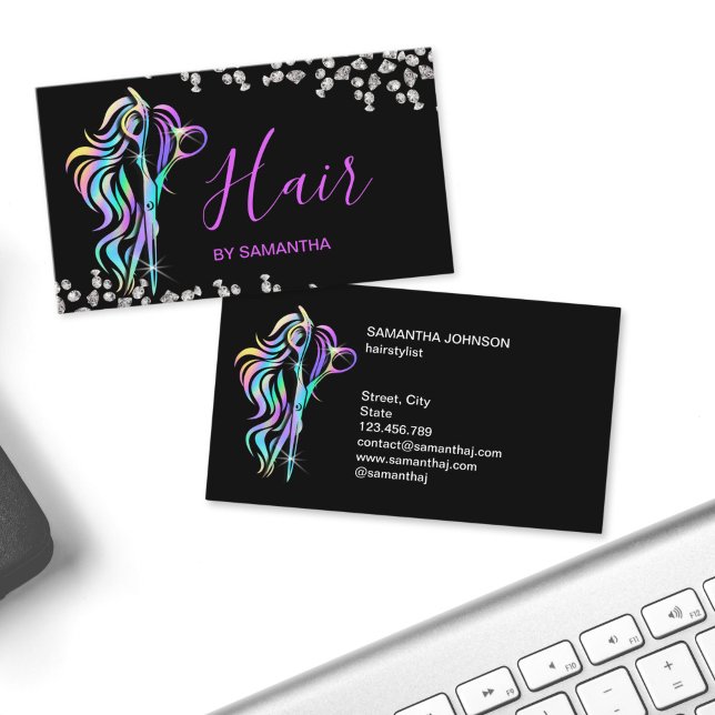 Trendig frisörstypografi Holografiska saxar Visitkort (chic holograph hair stylist business cards)