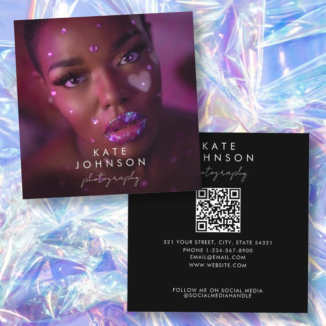 Trendig Fullt Foto QR-kodskriptkalligrafi Fyrkantigt Visitkort (Trendy Full Photo QR Code Script Calligraphy Square Business Card)