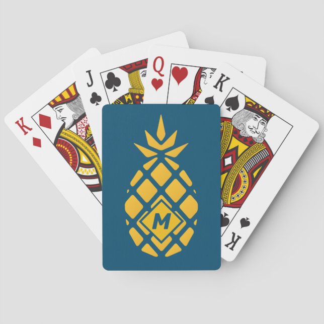 Trendig geometrisk ananas blå monogram casinokort (Baksidan)