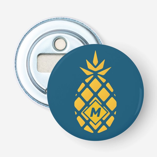 Trendig geometrisk ananas blå monogram flasköppnare (Framsidan)