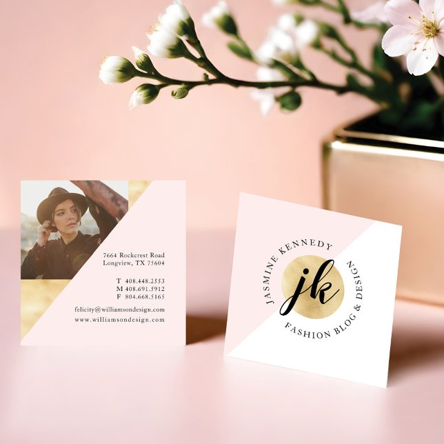 Trendig Geometrisk Rosa och Guld monogram med foto Fyrkantigt Visitkort (Trendy Geometric Pink & Gold Monogram With Photo Square Business Card)