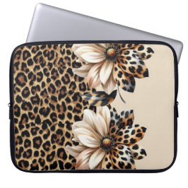 Trendig Gepardsmönster med 3D Blomgrafisk Bärbar D Laptop Fodral