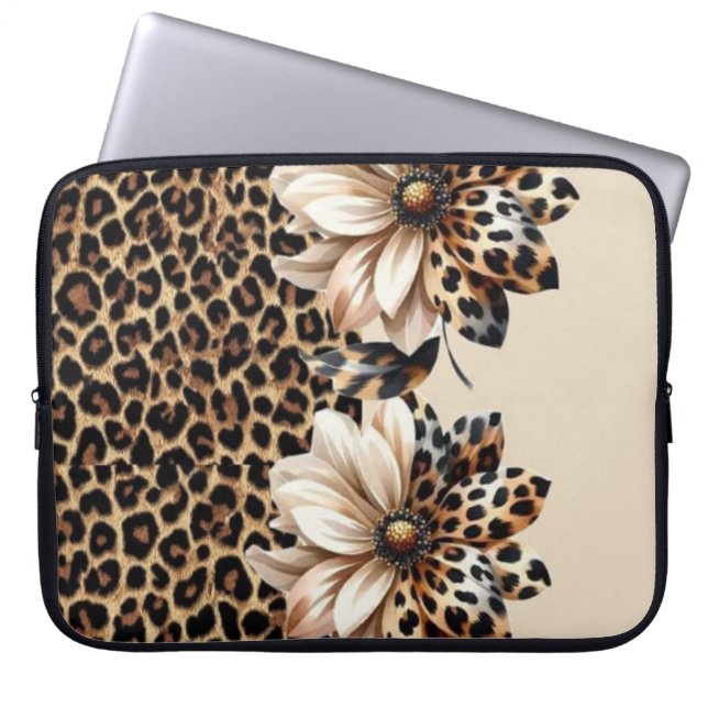 Trendig Gepardsmönster med 3D Blomgrafisk Bärbar D Laptop Fodral (Framsidan)
